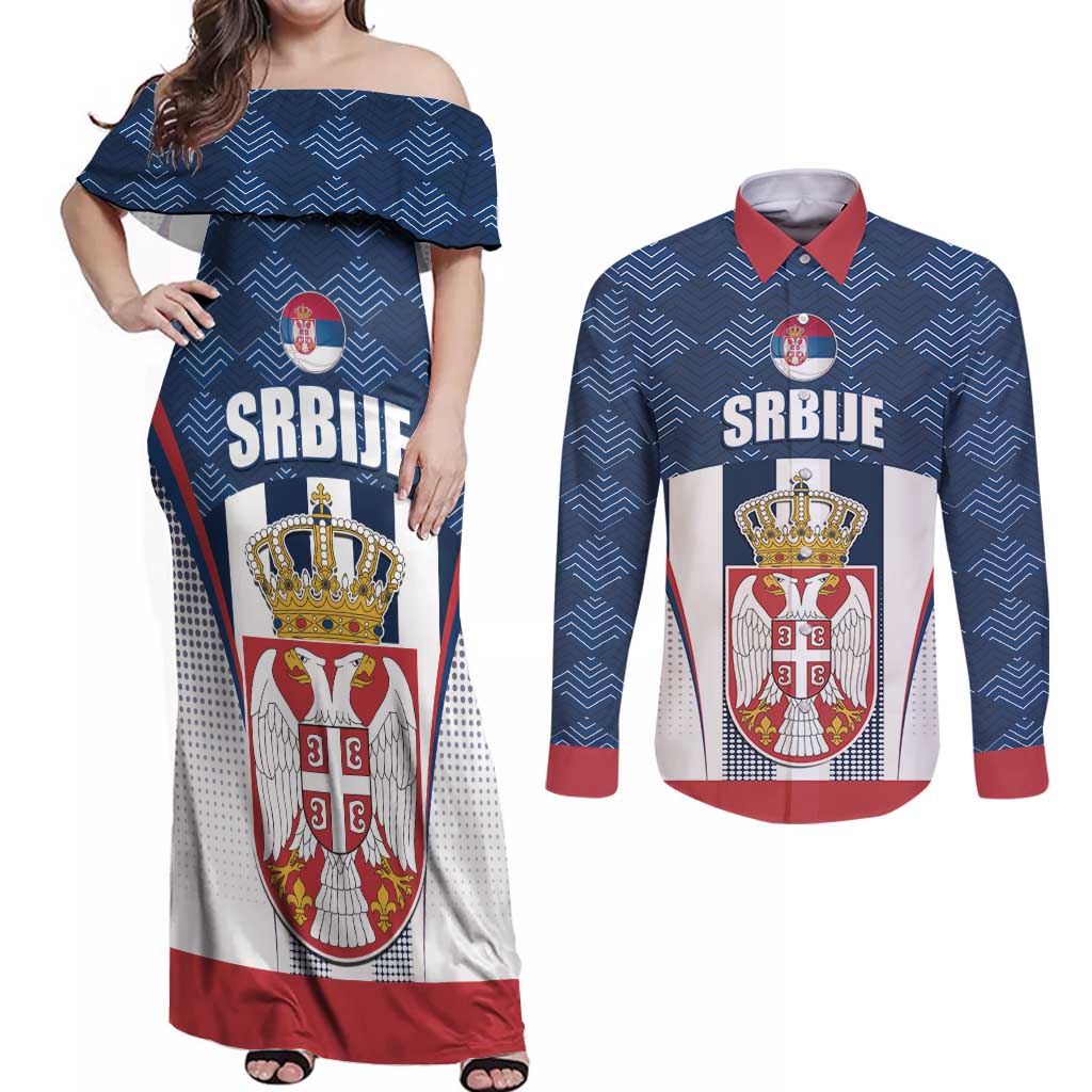 Custom Serbia Basketball Champions Couples Matching Off Shoulder Maxi Dress and Long Sleeve Button Shirt Sporty Style with Coat of Arms