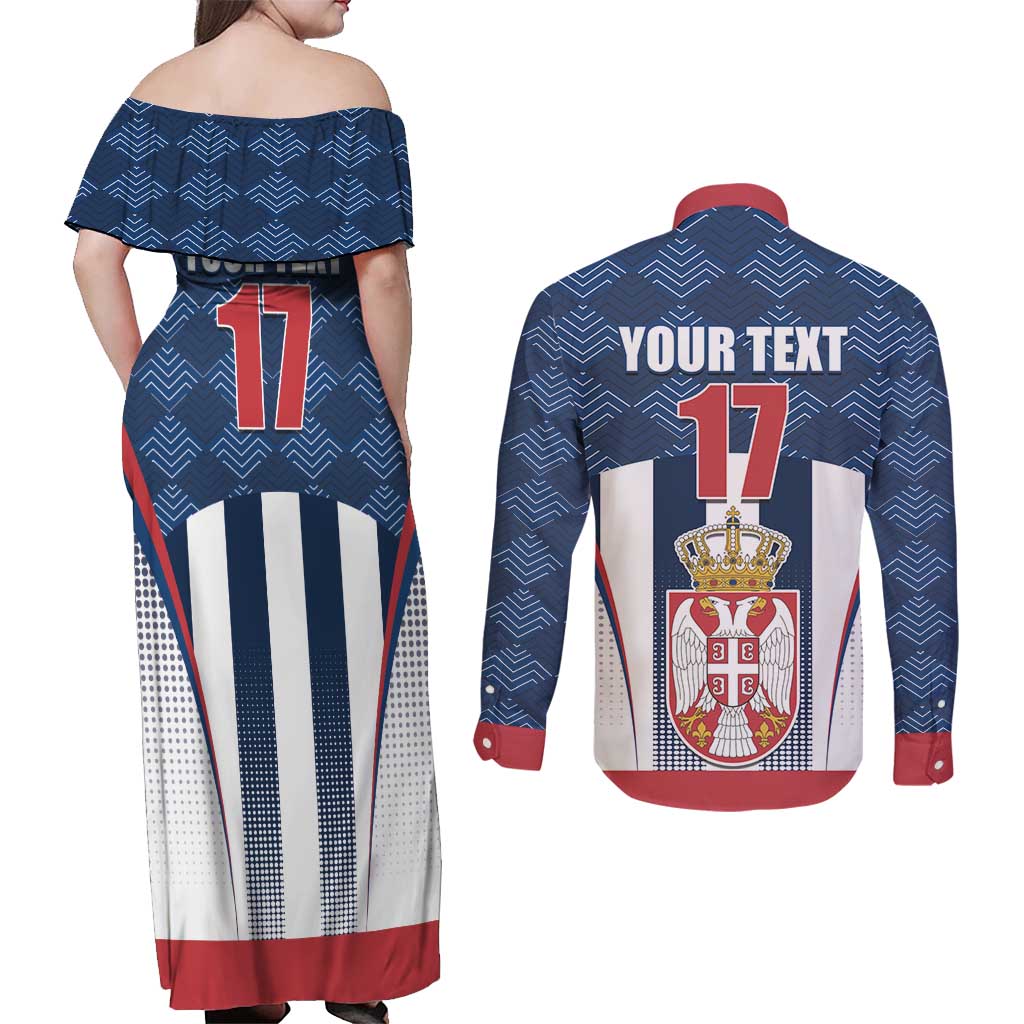 Custom Serbia Basketball Champions Couples Matching Off Shoulder Maxi Dress and Long Sleeve Button Shirt Sporty Style with Coat of Arms