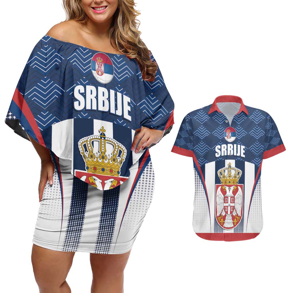 Custom Serbia Basketball Champions Couples Matching Off Shoulder Short Dress and Hawaiian Shirt Sporty Style with Coat of Arms