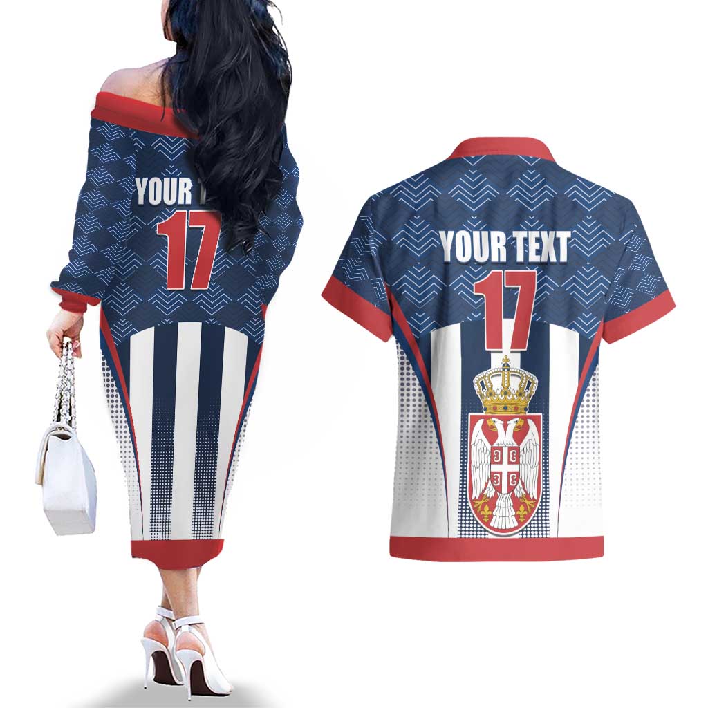 Custom Serbia Basketball Champions Couples Matching Off The Shoulder Long Sleeve Dress and Hawaiian Shirt Sporty Style with Coat of Arms