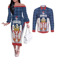 Custom Serbia Basketball Champions Couples Matching Off The Shoulder Long Sleeve Dress and Long Sleeve Button Shirt Sporty Style with Coat of Arms