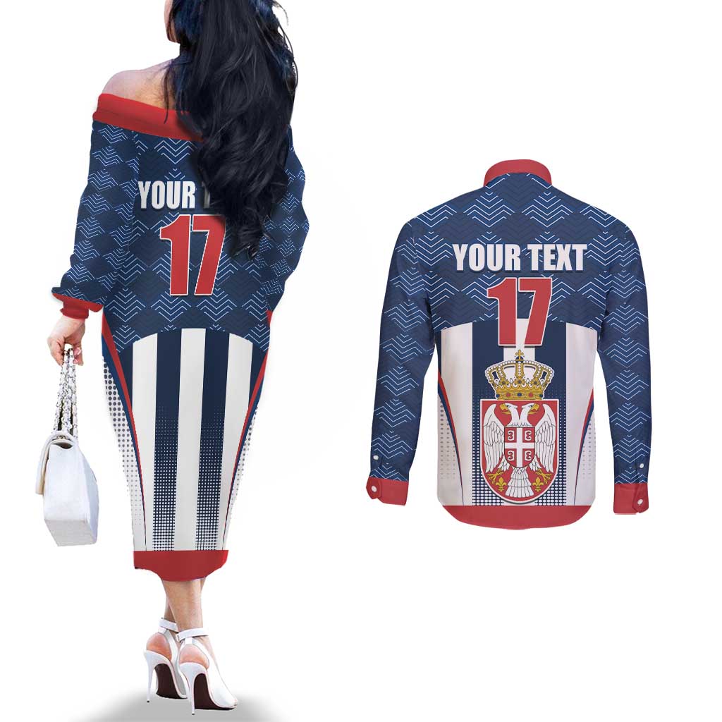 Custom Serbia Basketball Champions Couples Matching Off The Shoulder Long Sleeve Dress and Long Sleeve Button Shirt Sporty Style with Coat of Arms