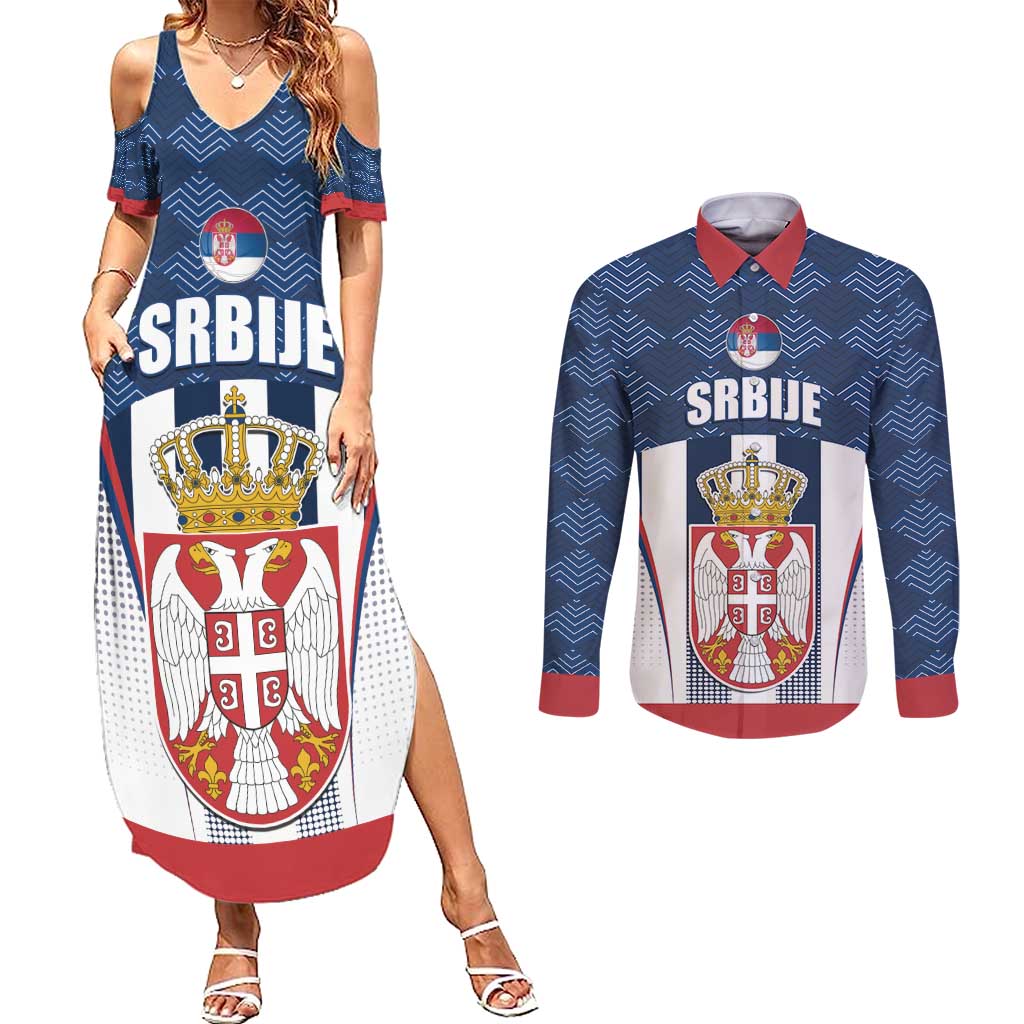 Custom Serbia Basketball Champions Couples Matching Summer Maxi Dress and Long Sleeve Button Shirt Sporty Style with Coat of Arms