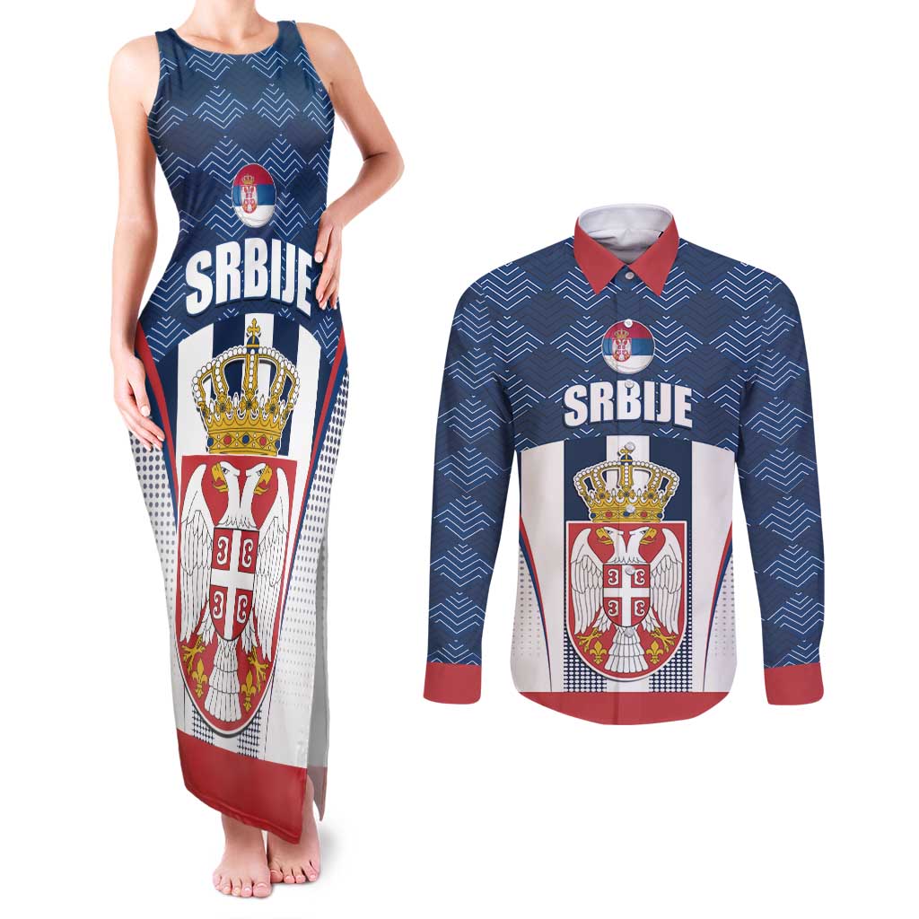 Custom Serbia Basketball Champions Couples Matching Tank Maxi Dress and Long Sleeve Button Shirt Sporty Style with Coat of Arms