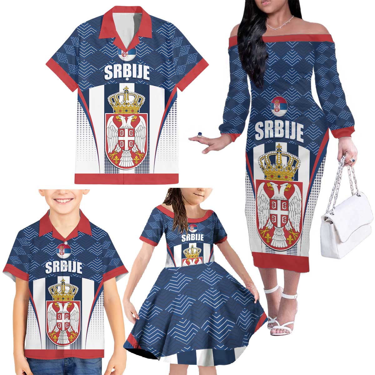 Custom Serbia Basketball Champions Family Matching Off The Shoulder Long Sleeve Dress and Hawaiian Shirt Sporty Style with Coat of Arms