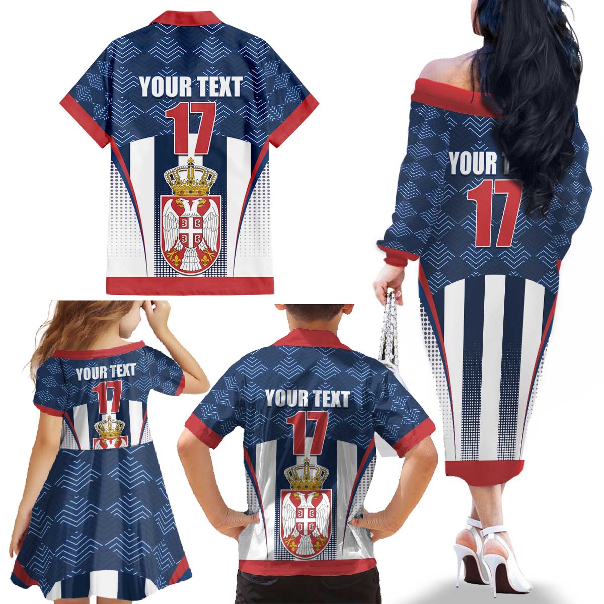 Custom Serbia Basketball Champions Family Matching Off The Shoulder Long Sleeve Dress and Hawaiian Shirt Sporty Style with Coat of Arms