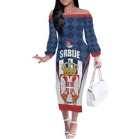 Custom Serbia Basketball Champions Family Matching Off The Shoulder Long Sleeve Dress and Hawaiian Shirt Sporty Style with Coat of Arms