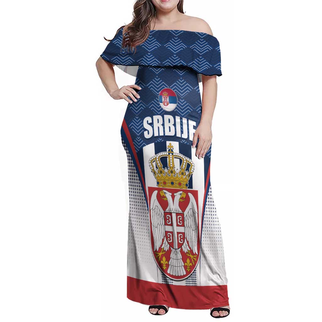 Custom Serbia Basketball Champions Family Matching Off Shoulder Maxi Dress and Hawaiian Shirt Sporty Style with Coat of Arms