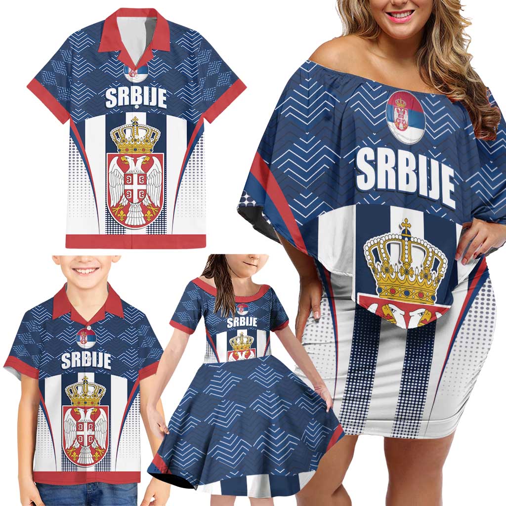 Custom Serbia Basketball Champions Family Matching Off Shoulder Short Dress and Hawaiian Shirt Sporty Style with Coat of Arms