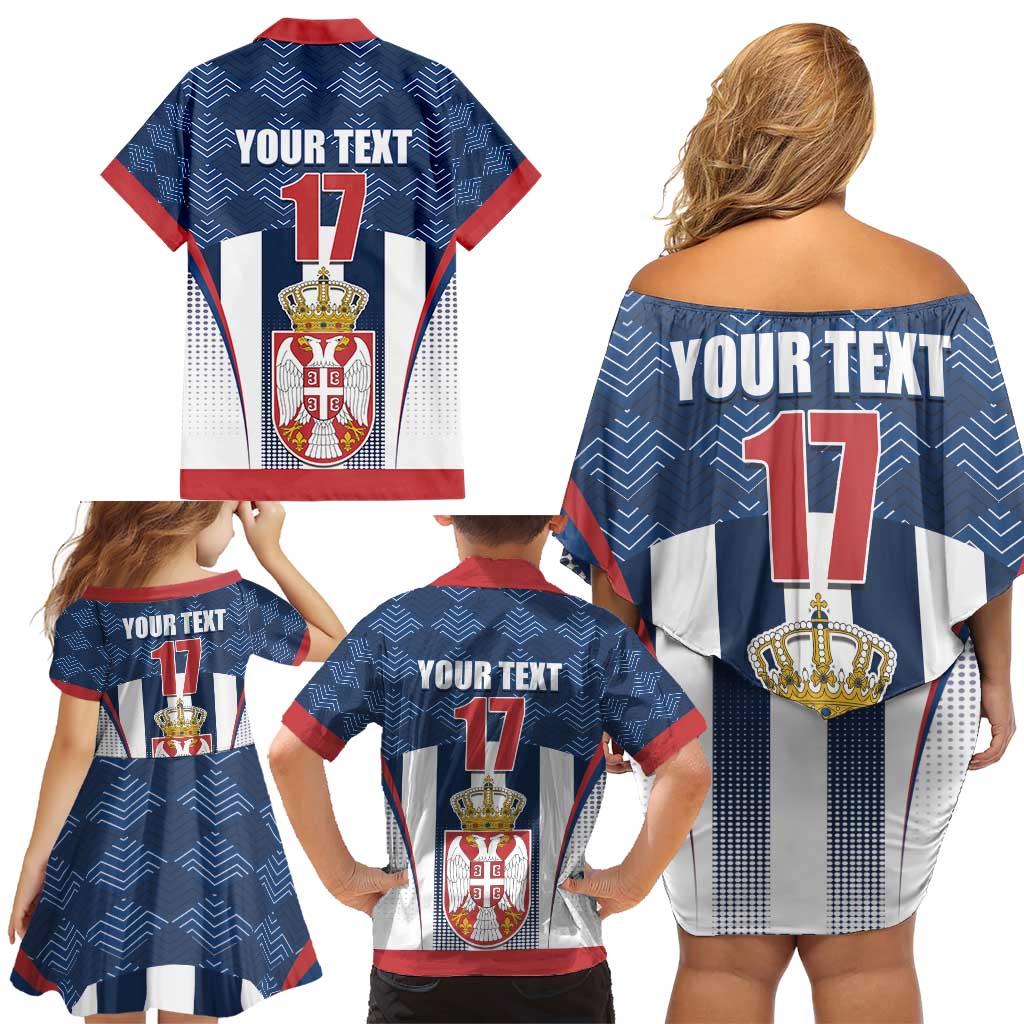 Custom Serbia Basketball Champions Family Matching Off Shoulder Short Dress and Hawaiian Shirt Sporty Style with Coat of Arms