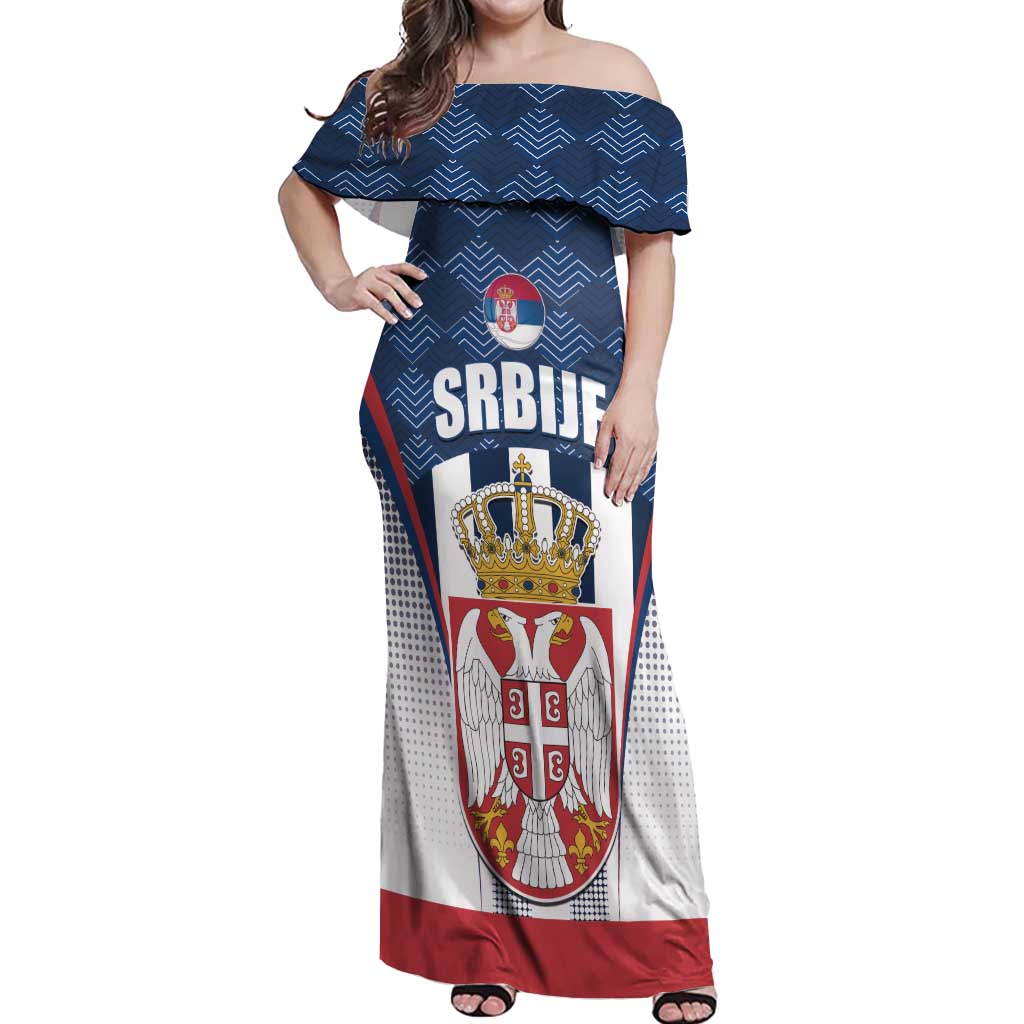 Custom Serbia Basketball Champions Off Shoulder Maxi Dress Sporty Style with Coat of Arms