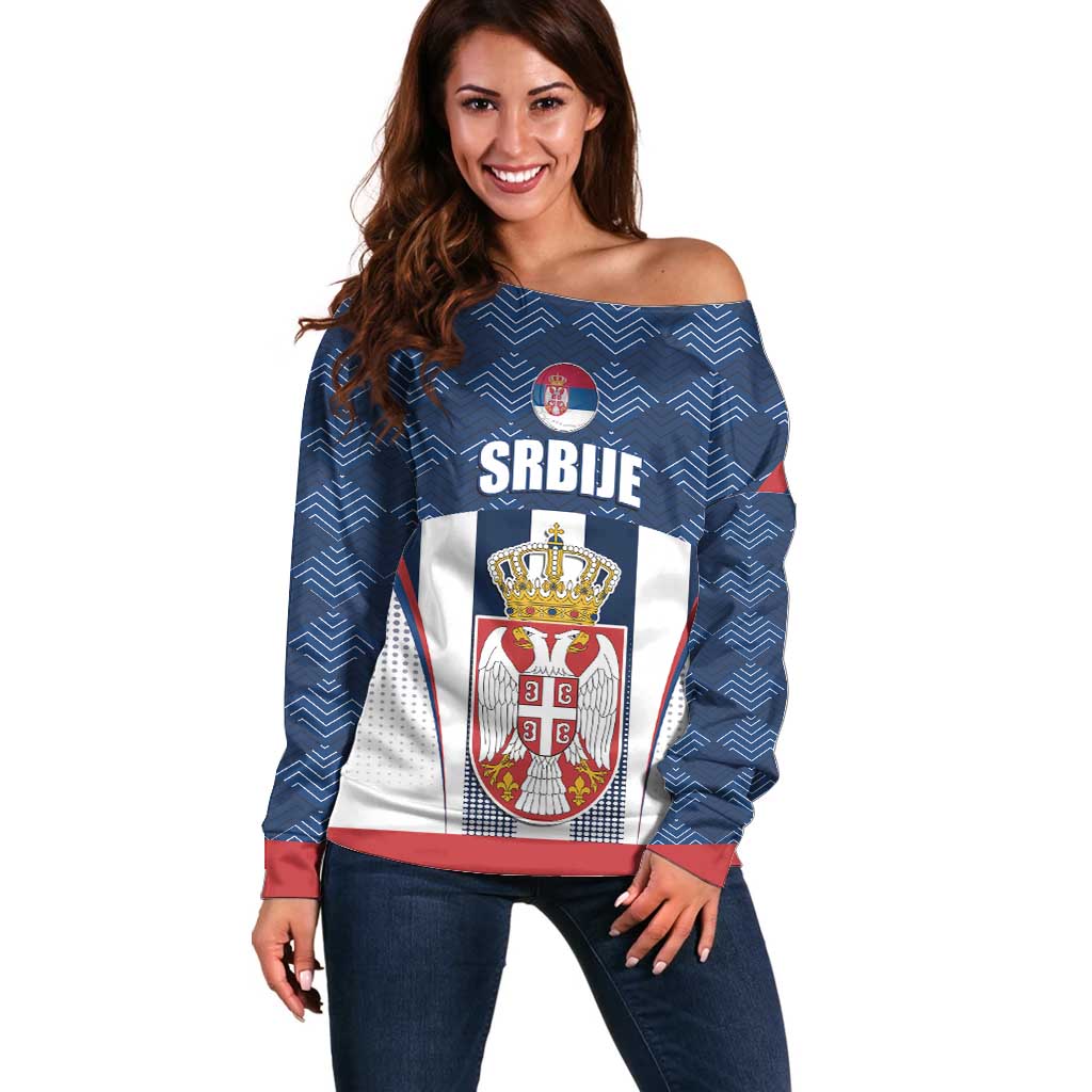 Custom Serbia Basketball Champions Off Shoulder Sweater Sporty Style with Coat of Arms