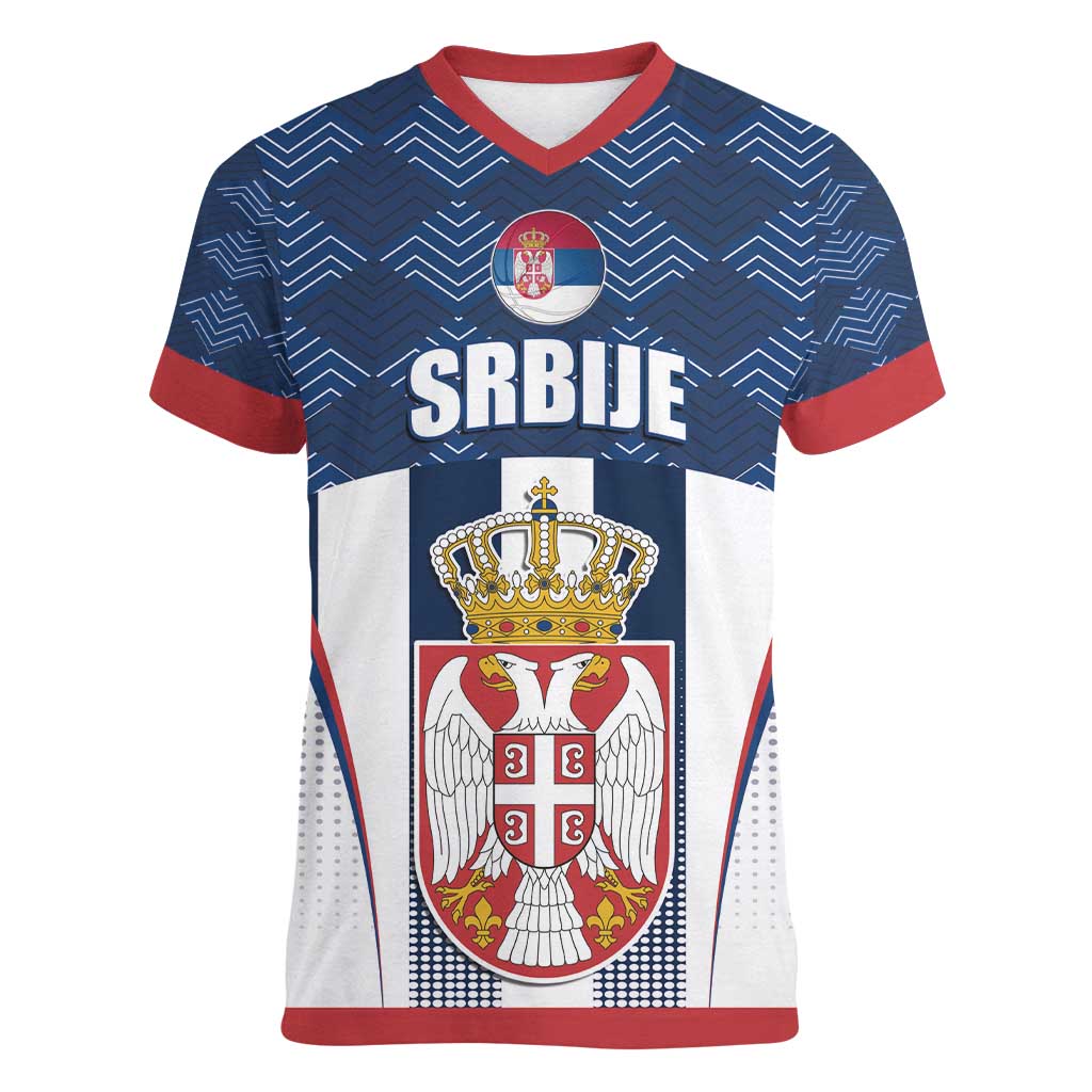 Custom Serbia Basketball Champions Women V-Neck T-Shirt Sporty Style with Coat of Arms