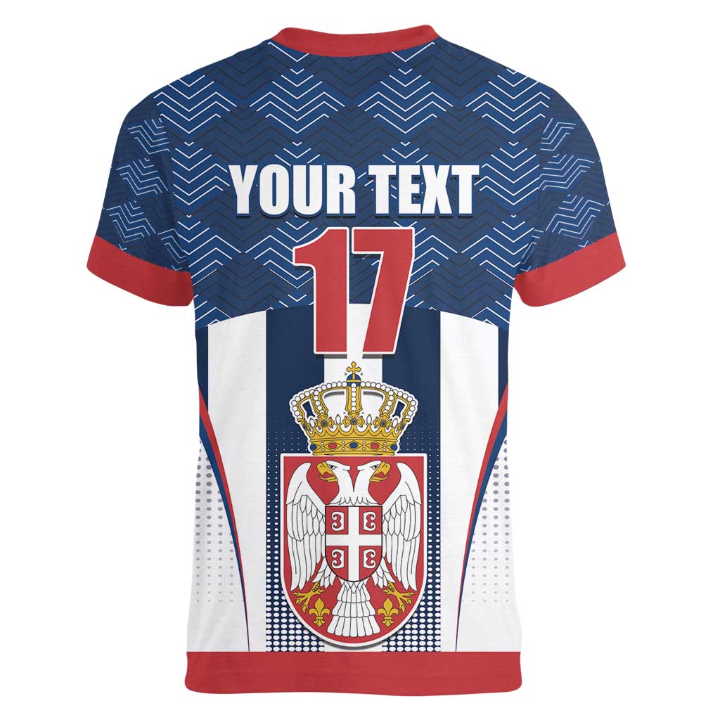 Custom Serbia Basketball Champions Women V-Neck T-Shirt Sporty Style with Coat of Arms