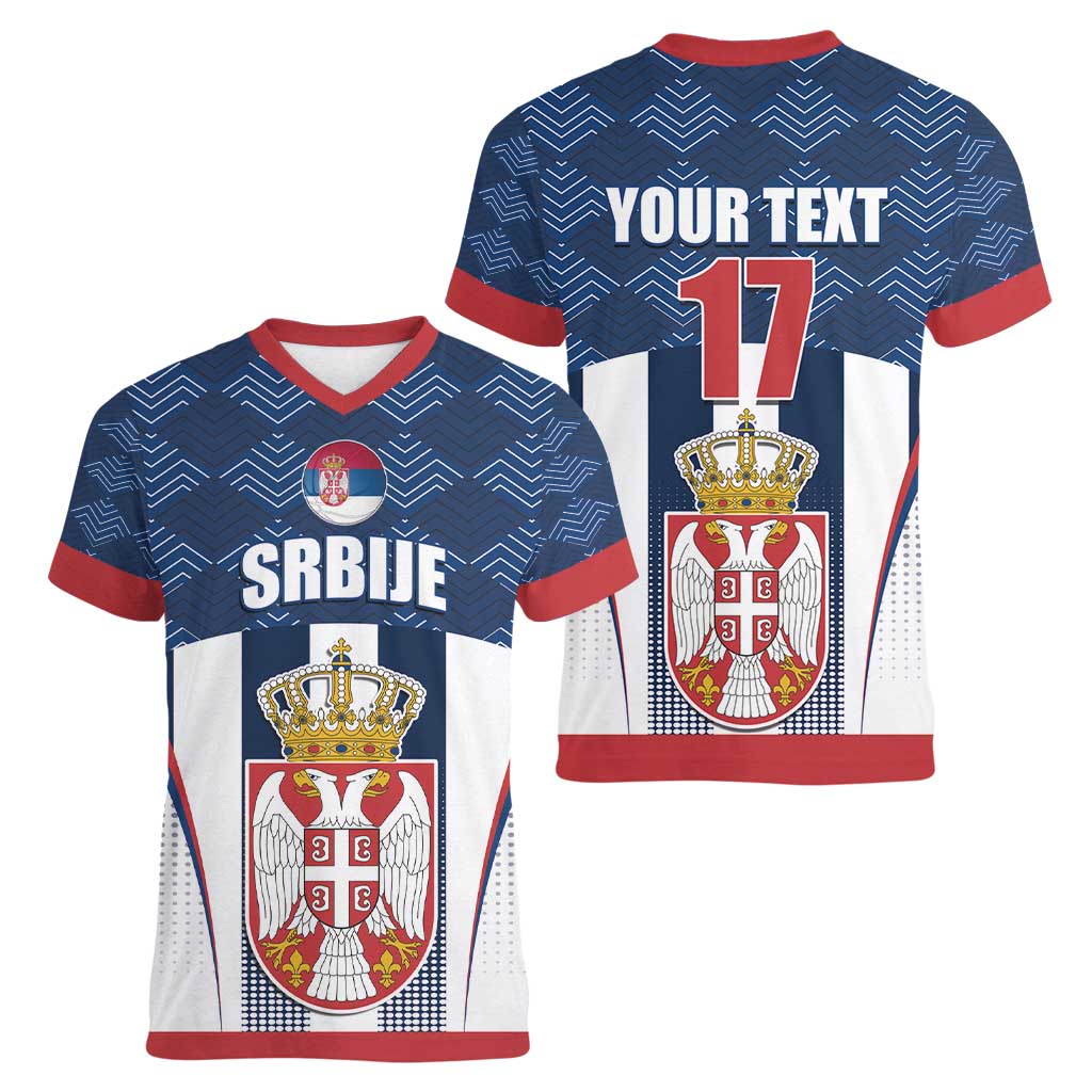 Custom Serbia Basketball Champions Women V-Neck T-Shirt Sporty Style with Coat of Arms