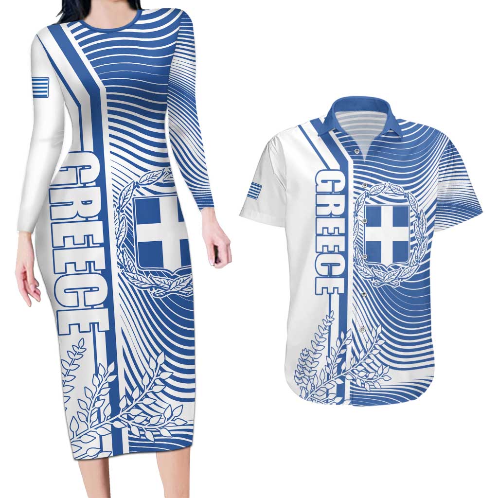 Personalized Greece Coat of Arms Couples Matching Long Sleeve Bodycon Dress and Hawaiian Shirt Greek cross and Two Laurel Branches