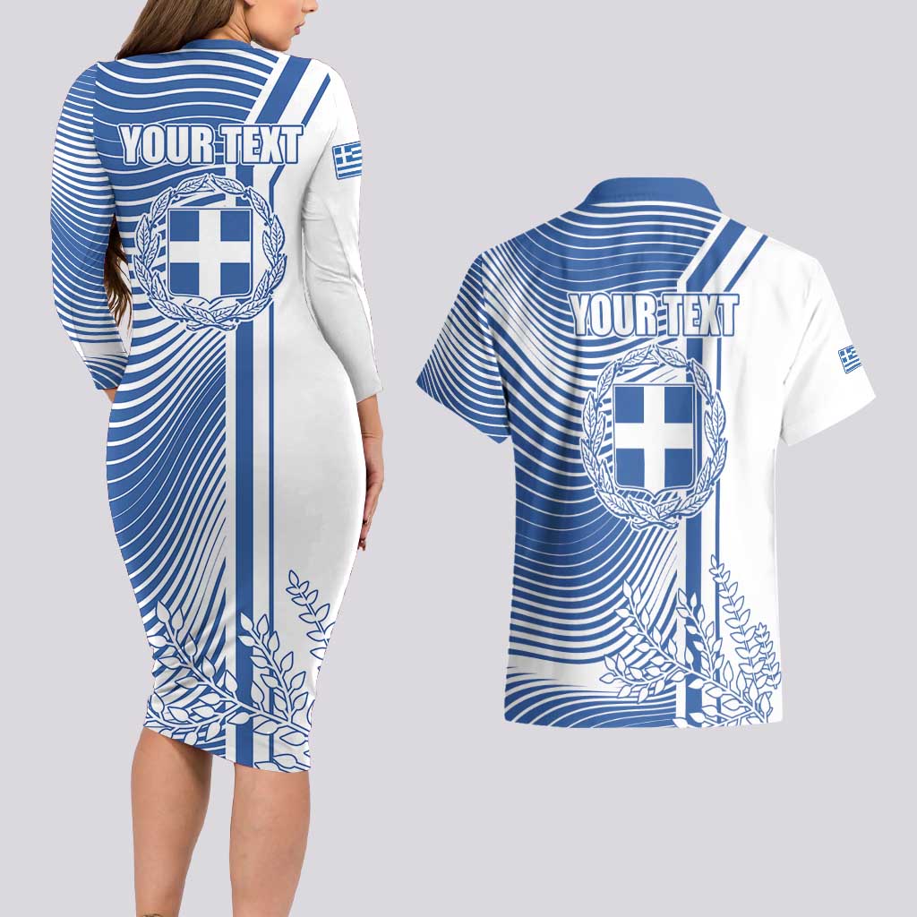 Personalized Greece Coat of Arms Couples Matching Long Sleeve Bodycon Dress and Hawaiian Shirt Greek cross and Two Laurel Branches