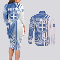 Personalized Greece Coat of Arms Couples Matching Long Sleeve Bodycon Dress and Long Sleeve Button Shirt Greek cross and Two Laurel Branches
