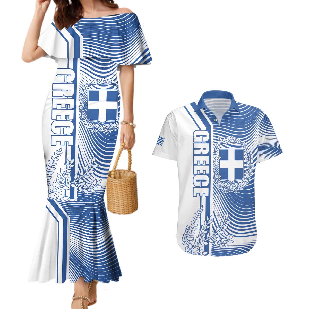 Personalized Greece Coat of Arms Couples Matching Mermaid Dress and Hawaiian Shirt Greek cross and Two Laurel Branches