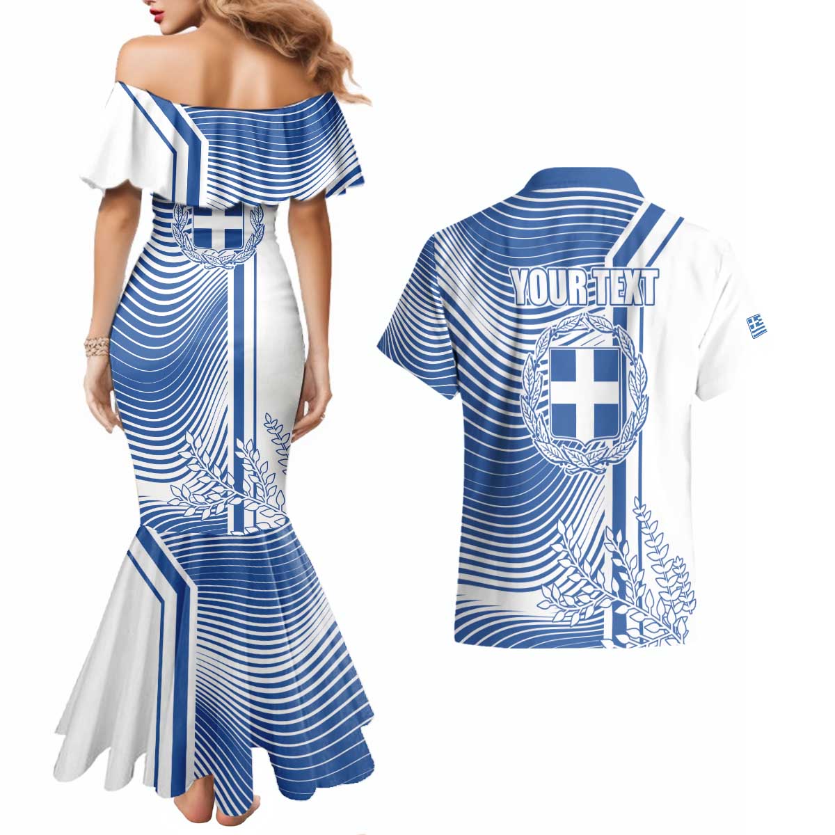 Personalized Greece Coat of Arms Couples Matching Mermaid Dress and Hawaiian Shirt Greek cross and Two Laurel Branches