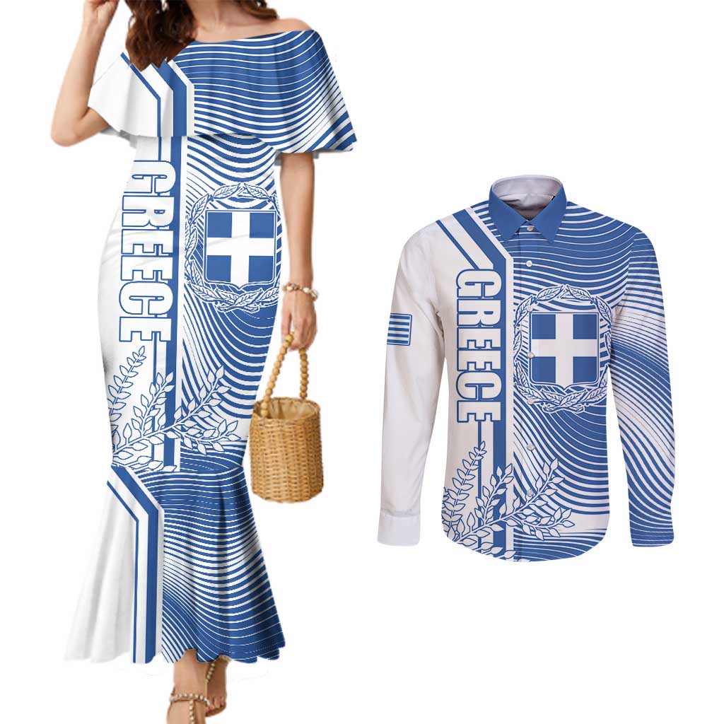 Personalized Greece Coat of Arms Couples Matching Mermaid Dress and Long Sleeve Button Shirt Greek cross and Two Laurel Branches