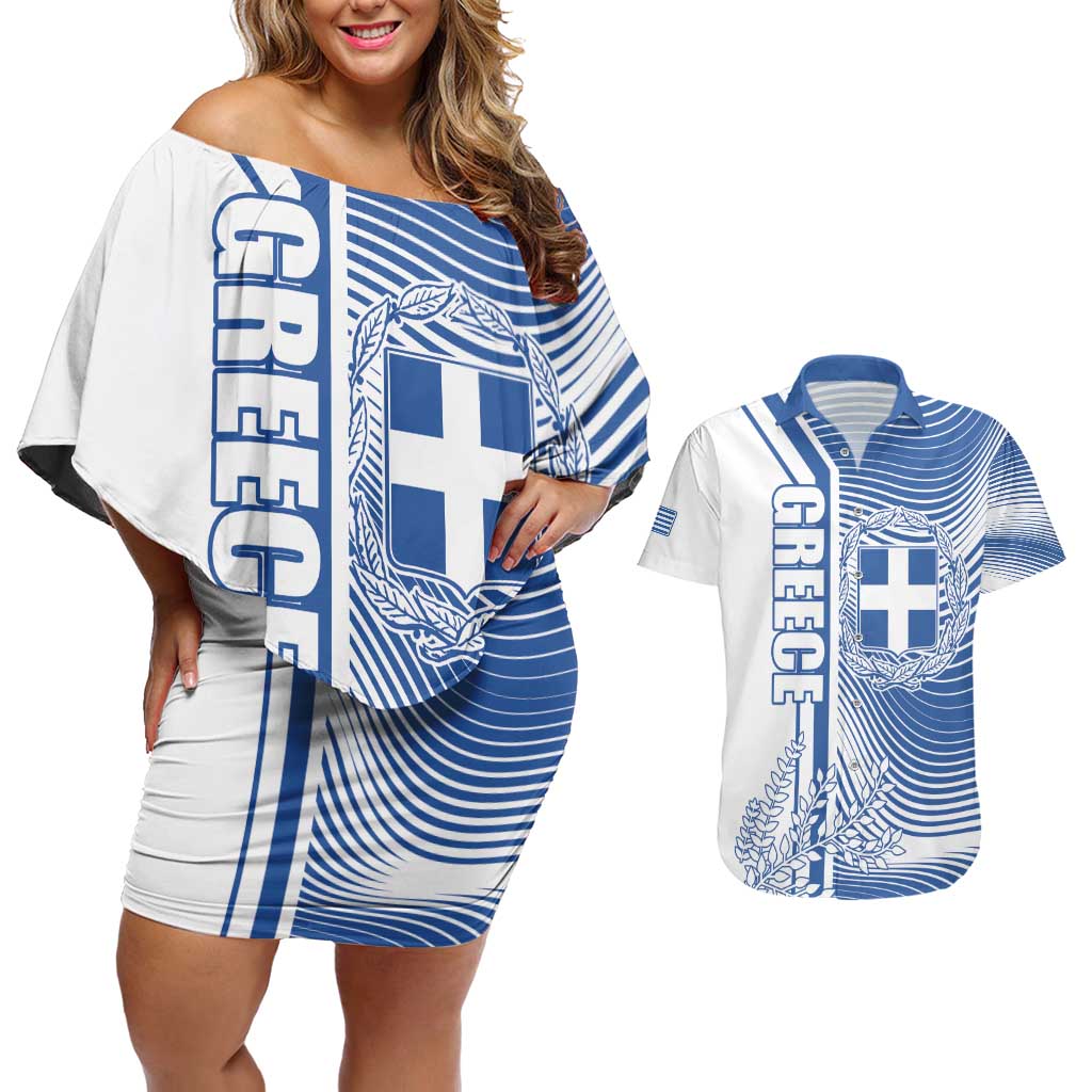 Personalized Greece Coat of Arms Couples Matching Off Shoulder Short Dress and Hawaiian Shirt Greek cross and Two Laurel Branches