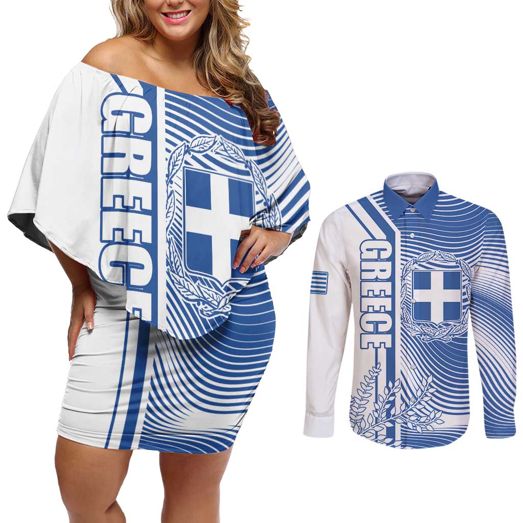 Personalized Greece Coat of Arms Couples Matching Off Shoulder Short Dress and Long Sleeve Button Shirt Greek cross and Two Laurel Branches