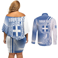 Personalized Greece Coat of Arms Couples Matching Off Shoulder Short Dress and Long Sleeve Button Shirt Greek cross and Two Laurel Branches