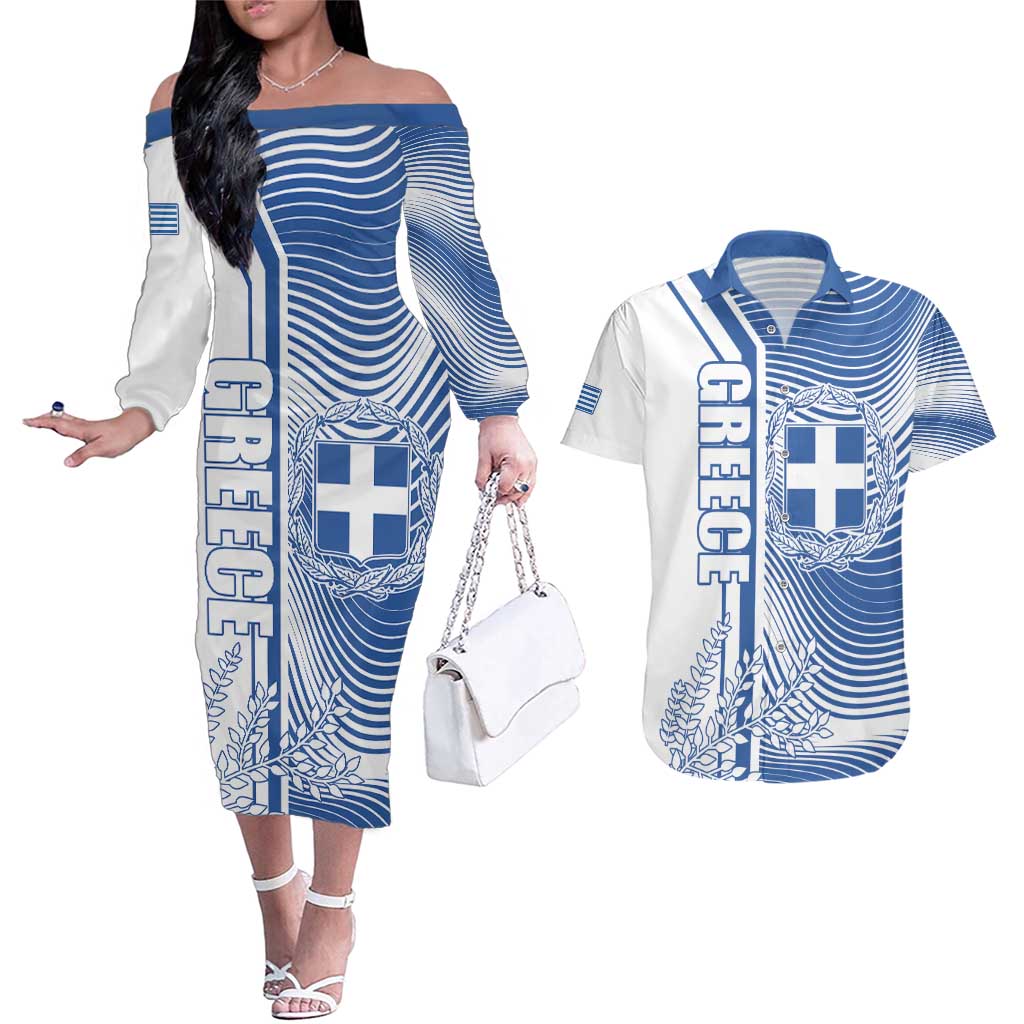 Personalized Greece Coat of Arms Couples Matching Off The Shoulder Long Sleeve Dress and Hawaiian Shirt Greek cross and Two Laurel Branches