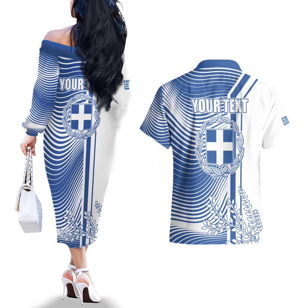 Personalized Greece Coat of Arms Couples Matching Off The Shoulder Long Sleeve Dress and Hawaiian Shirt Greek cross and Two Laurel Branches