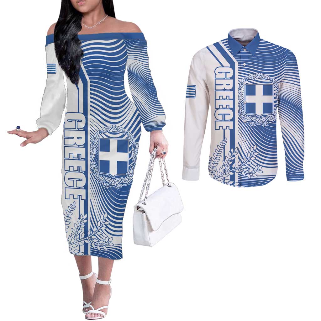 Personalized Greece Coat of Arms Couples Matching Off The Shoulder Long Sleeve Dress and Long Sleeve Button Shirt Greek cross and Two Laurel Branches