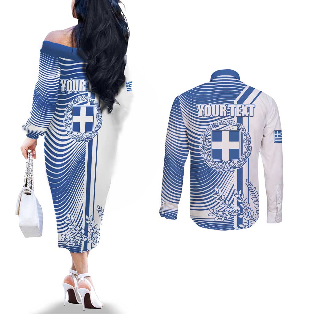 Personalized Greece Coat of Arms Couples Matching Off The Shoulder Long Sleeve Dress and Long Sleeve Button Shirt Greek cross and Two Laurel Branches