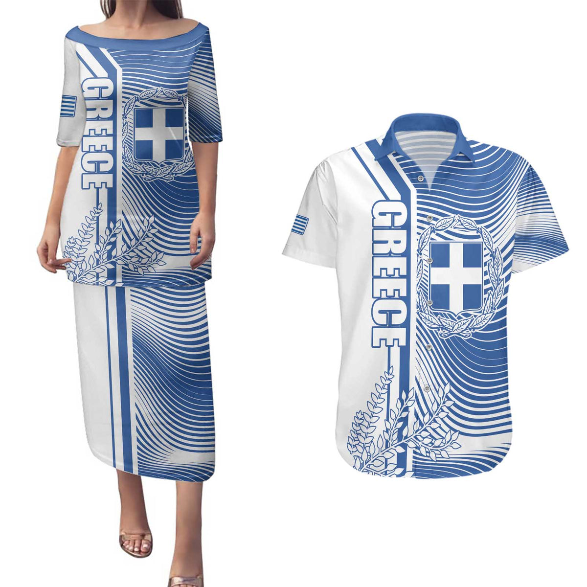 Personalized Greece Coat of Arms Couples Matching Puletasi and Hawaiian Shirt Greek cross and Two Laurel Branches