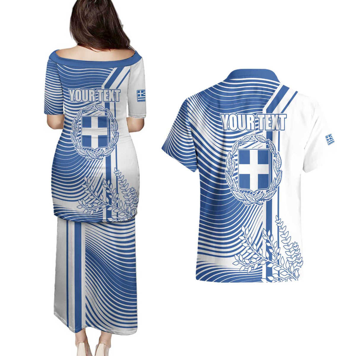Personalized Greece Coat of Arms Couples Matching Puletasi and Hawaiian Shirt Greek cross and Two Laurel Branches