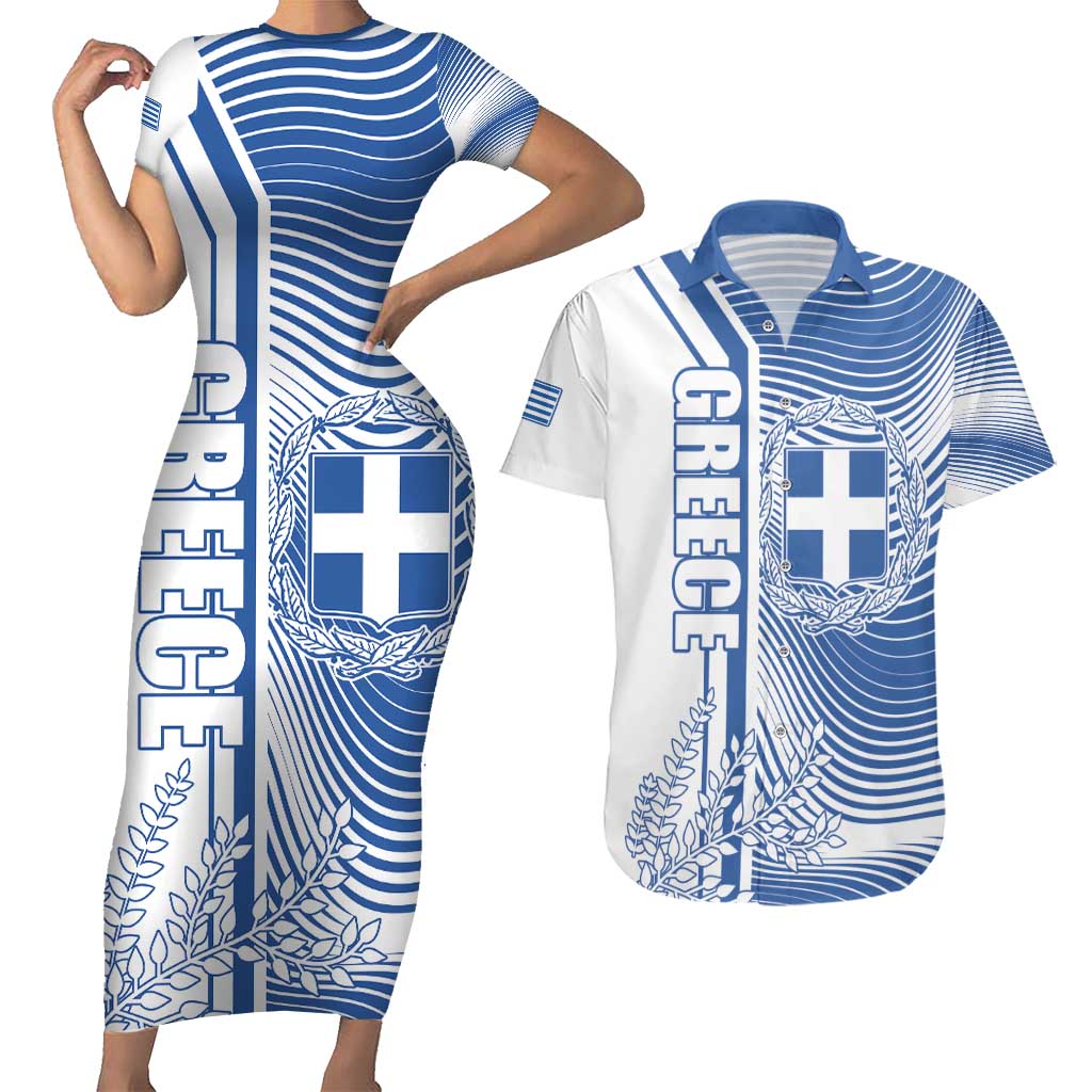 Personalized Greece Coat of Arms Couples Matching Short Sleeve Bodycon Dress and Hawaiian Shirt Greek cross and Two Laurel Branches