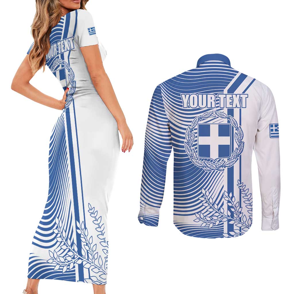 Personalized Greece Coat of Arms Couples Matching Short Sleeve Bodycon Dress and Long Sleeve Button Shirt Greek cross and Two Laurel Branches