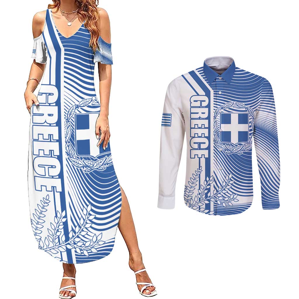 Personalized Greece Coat of Arms Couples Matching Summer Maxi Dress and Long Sleeve Button Shirt Greek cross and Two Laurel Branches