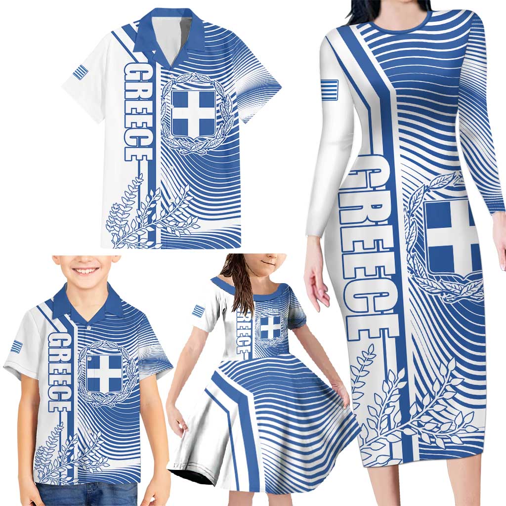 Personalized Greece Coat of Arms Family Matching Long Sleeve Bodycon Dress and Hawaiian Shirt Greek cross and Two Laurel Branches