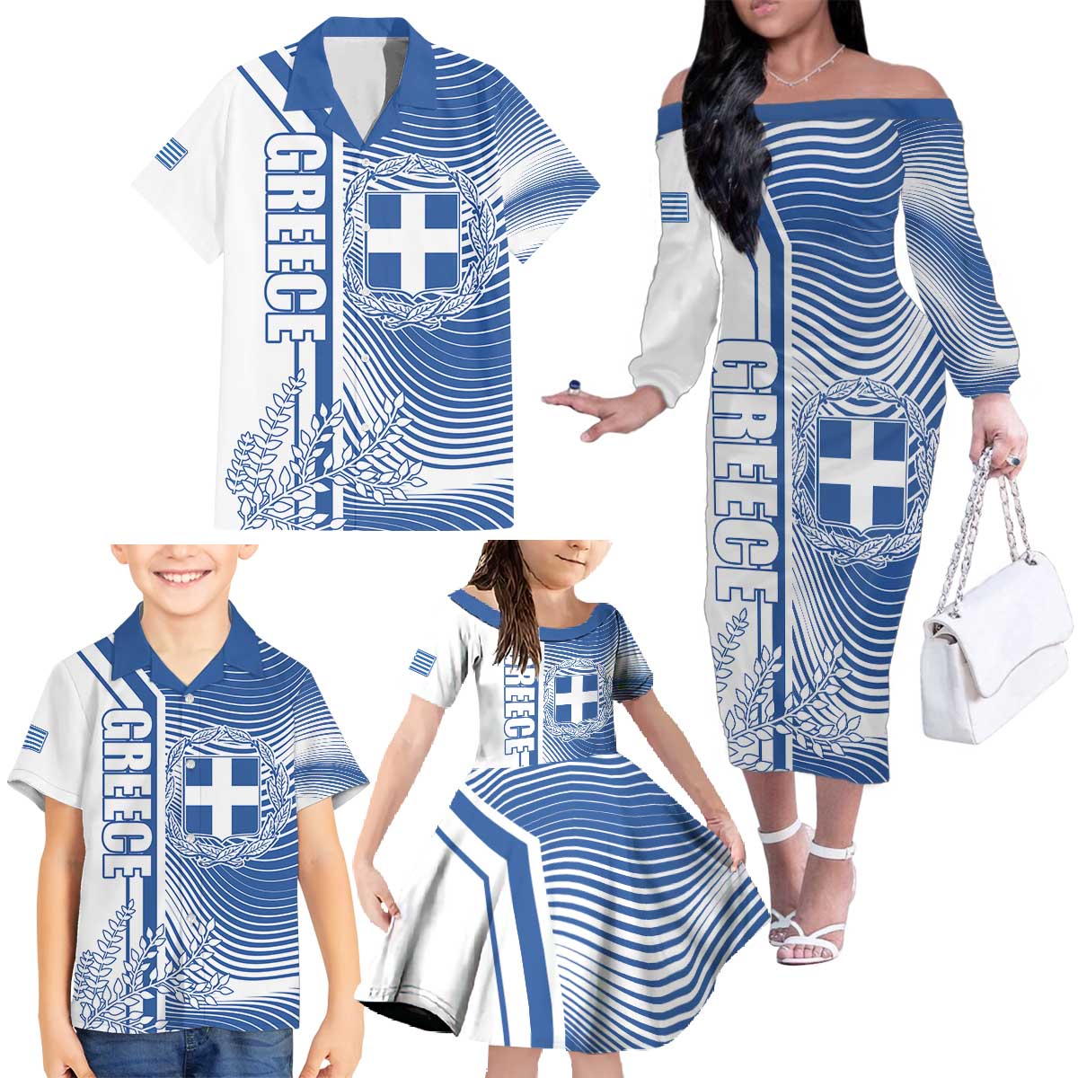Personalized Greece Coat of Arms Family Matching Off The Shoulder Long Sleeve Dress and Hawaiian Shirt Greek cross and Two Laurel Branches