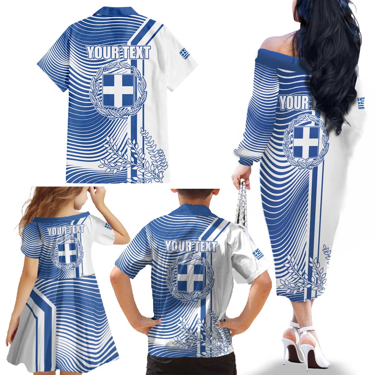 Personalized Greece Coat of Arms Family Matching Off The Shoulder Long Sleeve Dress and Hawaiian Shirt Greek cross and Two Laurel Branches