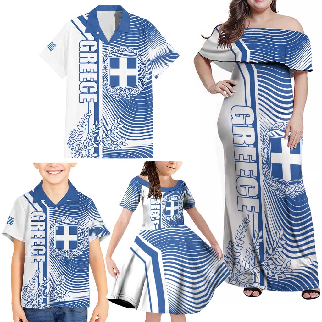 Personalized Greece Coat of Arms Family Matching Off Shoulder Maxi Dress and Hawaiian Shirt Greek cross and Two Laurel Branches