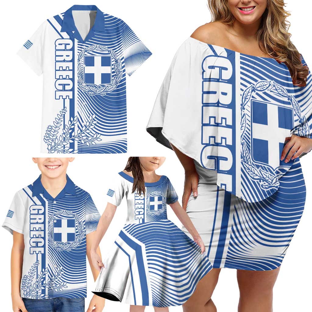 Personalized Greece Coat of Arms Family Matching Off Shoulder Short Dress and Hawaiian Shirt Greek cross and Two Laurel Branches