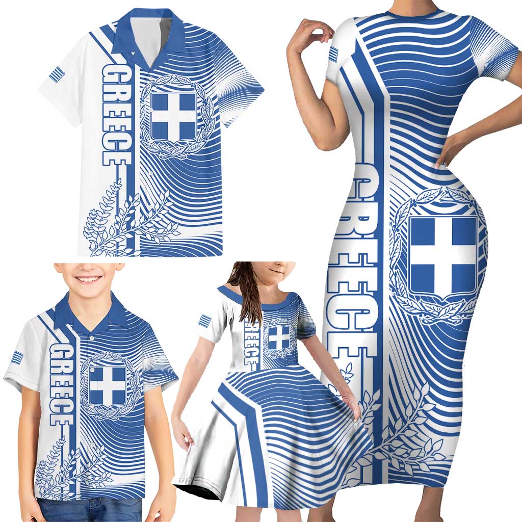 Personalized Greece Coat of Arms Family Matching Short Sleeve Bodycon Dress and Hawaiian Shirt Greek cross and Two Laurel Branches
