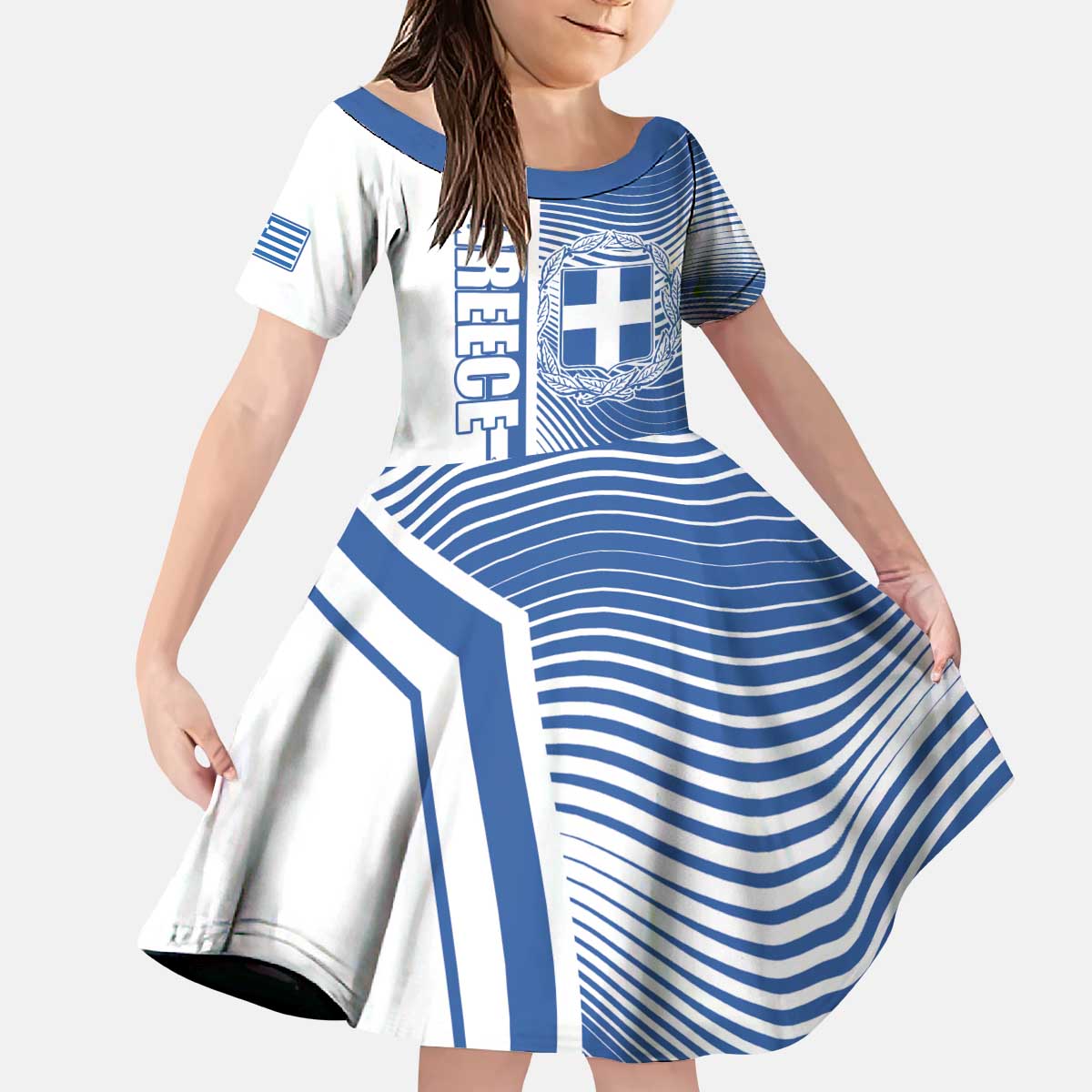 Personalized Greece Coat of Arms Kid Short Sleeve Dress Greek cross and Two Laurel Branches