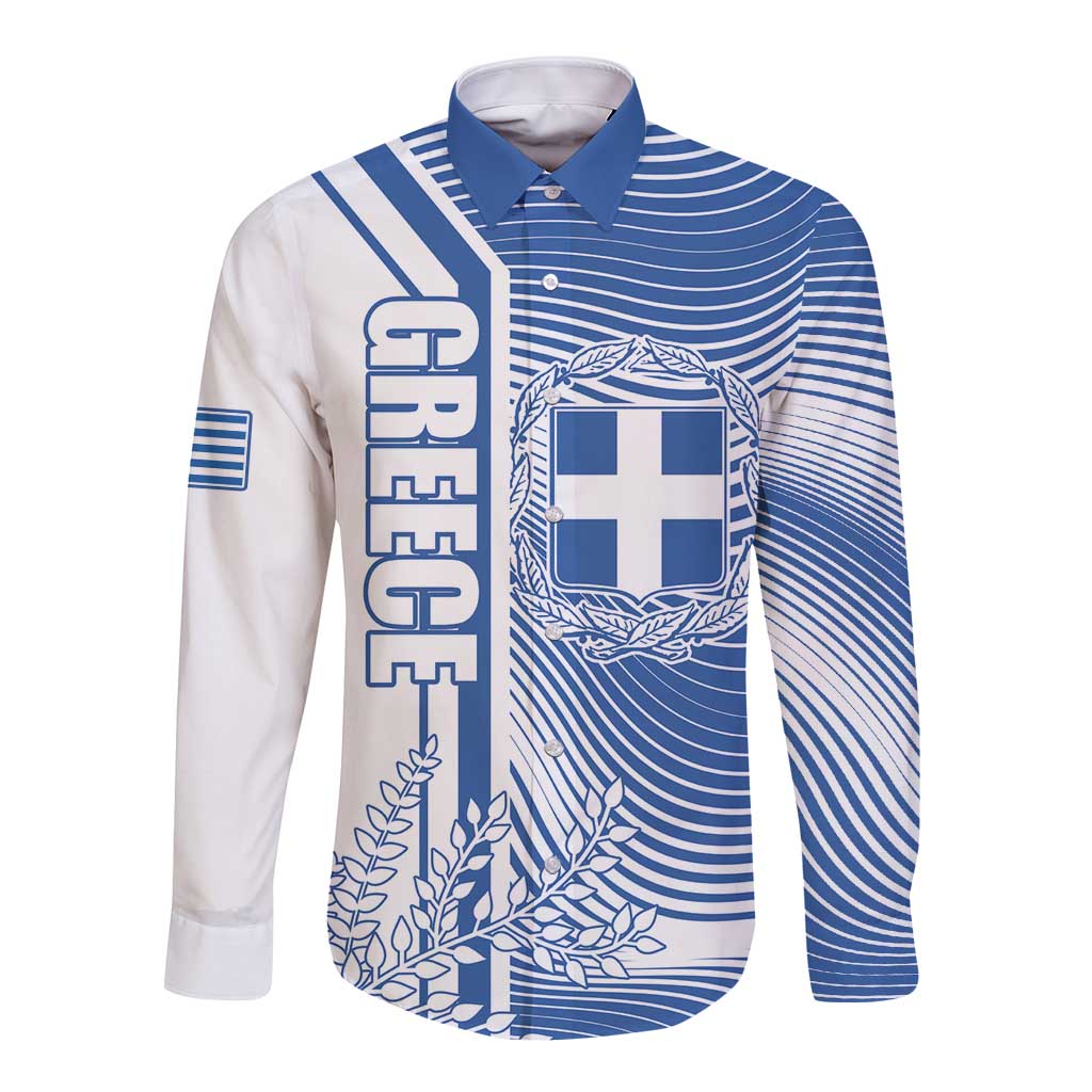 Personalized Greece Coat of Arms Long Sleeve Button Shirt Greek cross and Two Laurel Branches