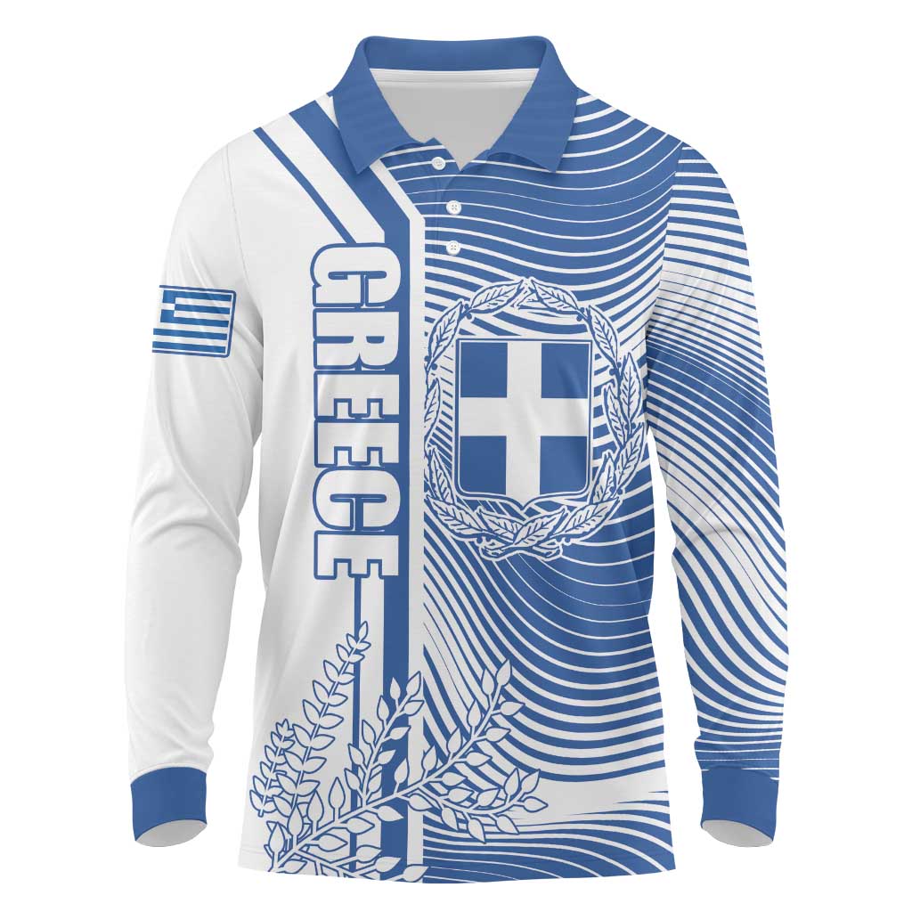 Personalized Greece Coat of Arms Long Sleeve Polo Shirt Greek cross and Two Laurel Branches
