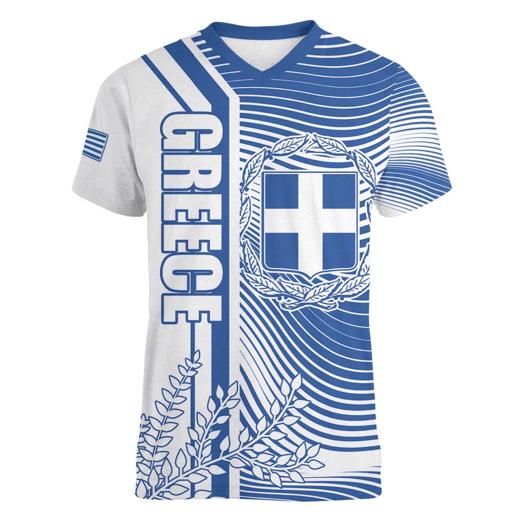 Personalized Greece Coat of Arms Women V-Neck T-Shirt Greek cross and Two Laurel Branches