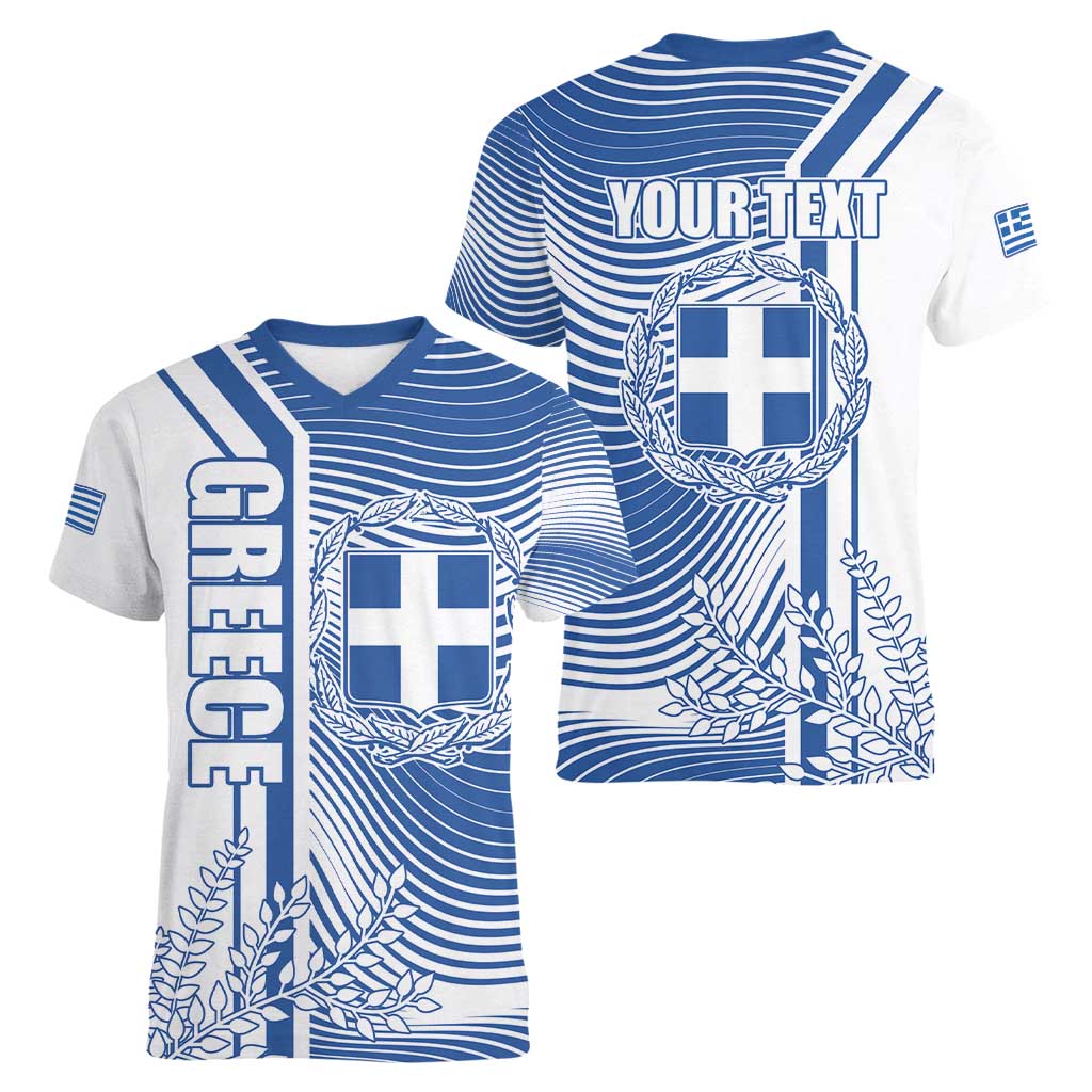 Personalized Greece Coat of Arms Women V-Neck T-Shirt Greek cross and Two Laurel Branches