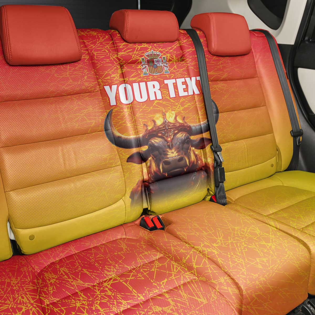 Personalized Spain Bull with Crown Back Car Seat Cover Espana Flag with Coat of Arms
