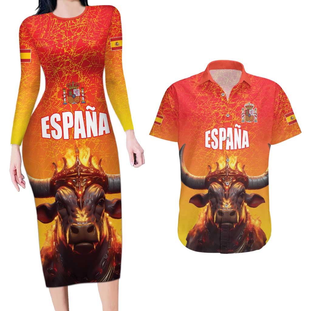Personalized Spain Bull with Crown Couples Matching Long Sleeve Bodycon Dress and Hawaiian Shirt Espana Flag with Coat of Arms